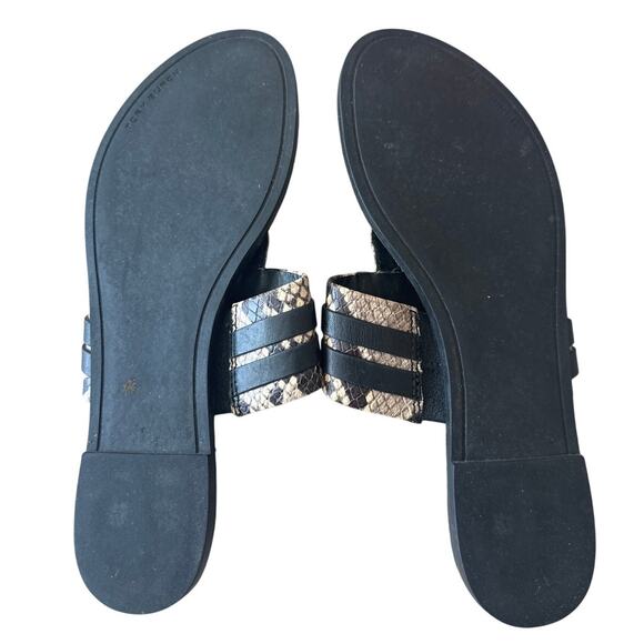 Tory Burch Leigh Thong Sandals 9.5 Roccia Snakeskin Black Logo - Picture 7 of 11